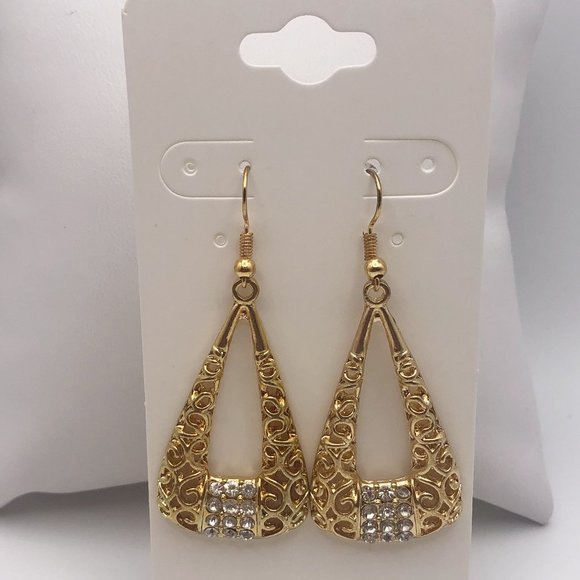 Gold Plated Crystal Filigree Triangle Dangle Drop Earrings - Picture 3 of 3